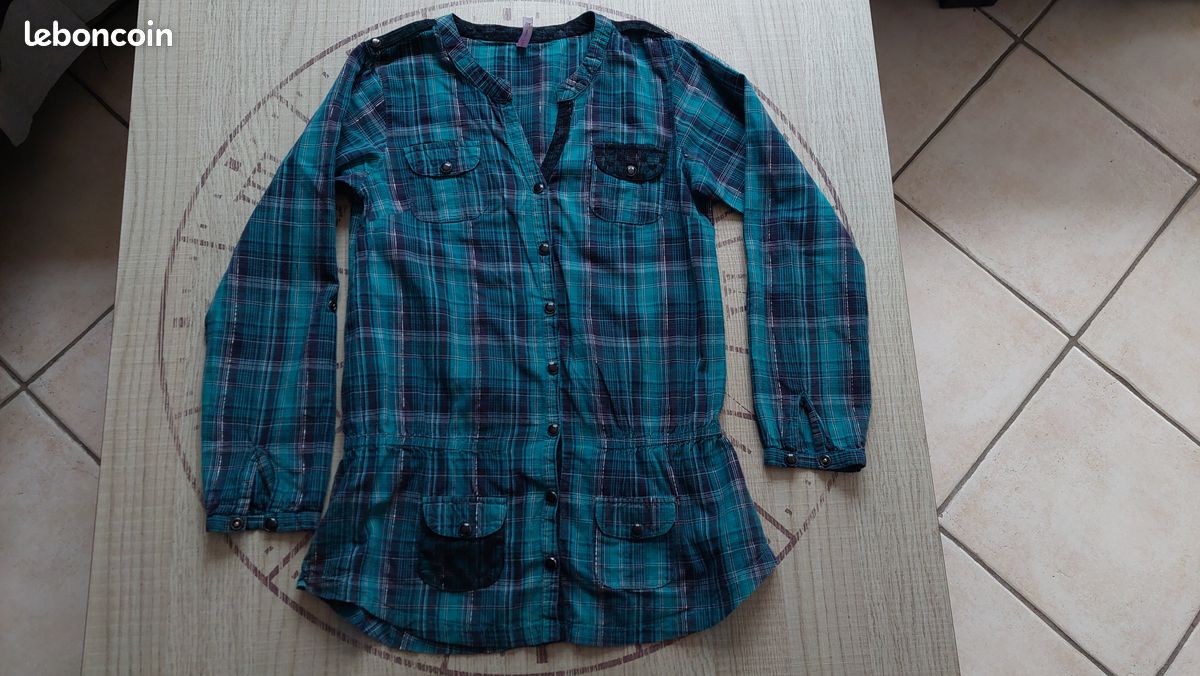 Blouse Tunique été En Polyester Carreaux Vert-noir-jaune Taille 38 | Occasion Très Bon état