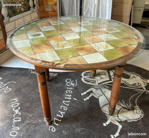Vintage table de cuisine ronde/bois, dessus céramique (image 2)
