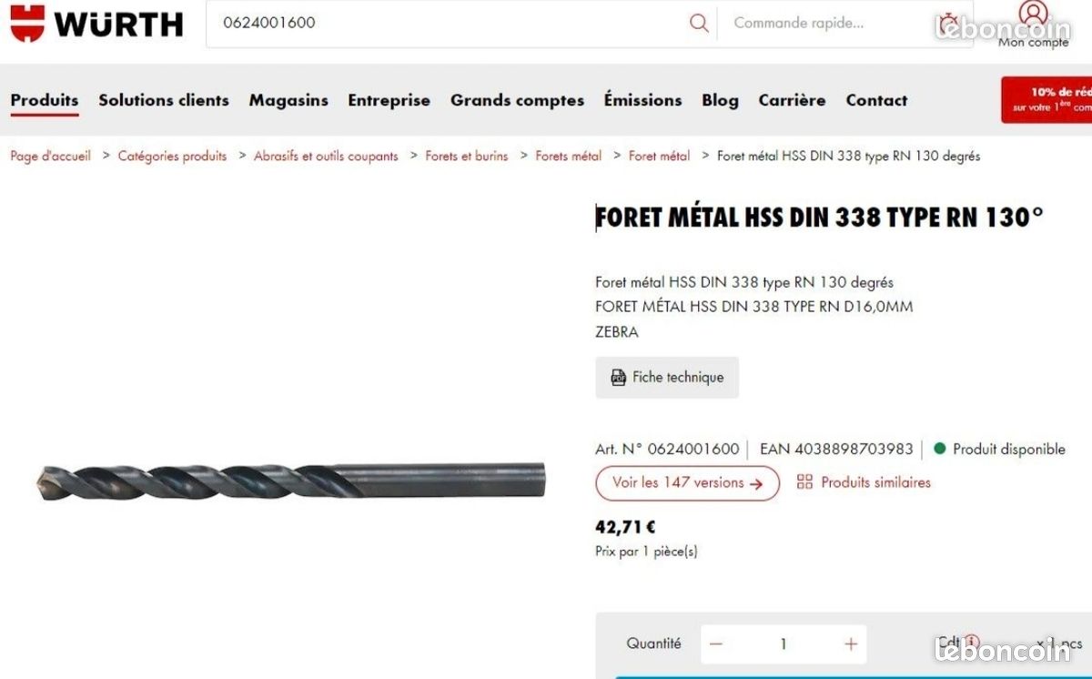 Foret Métal WÜRTH HSS DIN 338 Type RN 130°, 16mm (image 2)