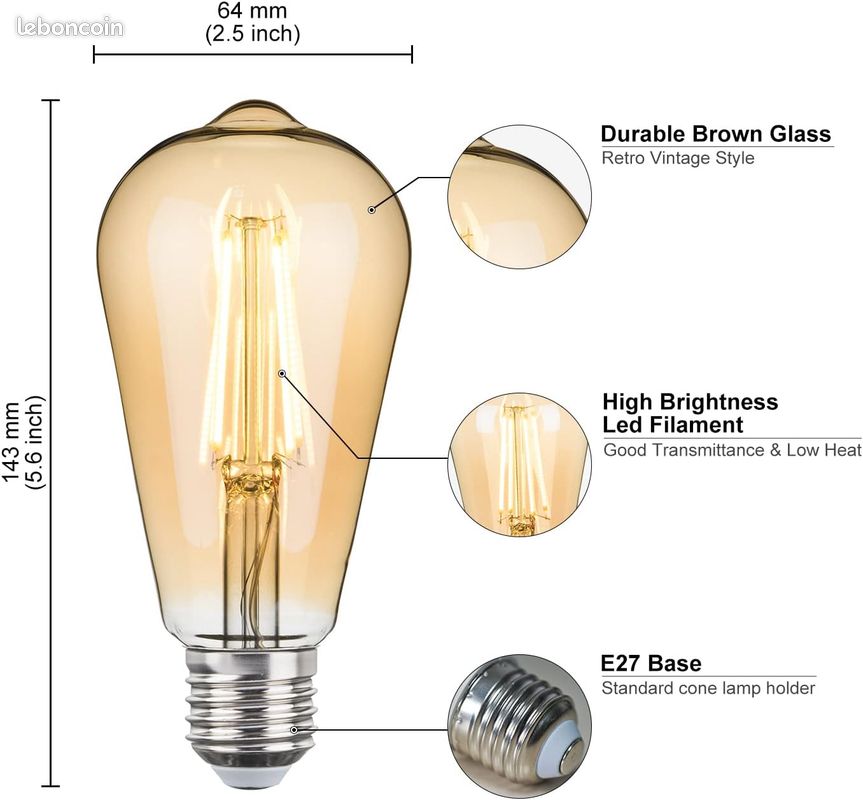 Ampoule LED Vintage ST64 – 7W, Blanc Très Chaud, Culot E27, Dorée – Neuf