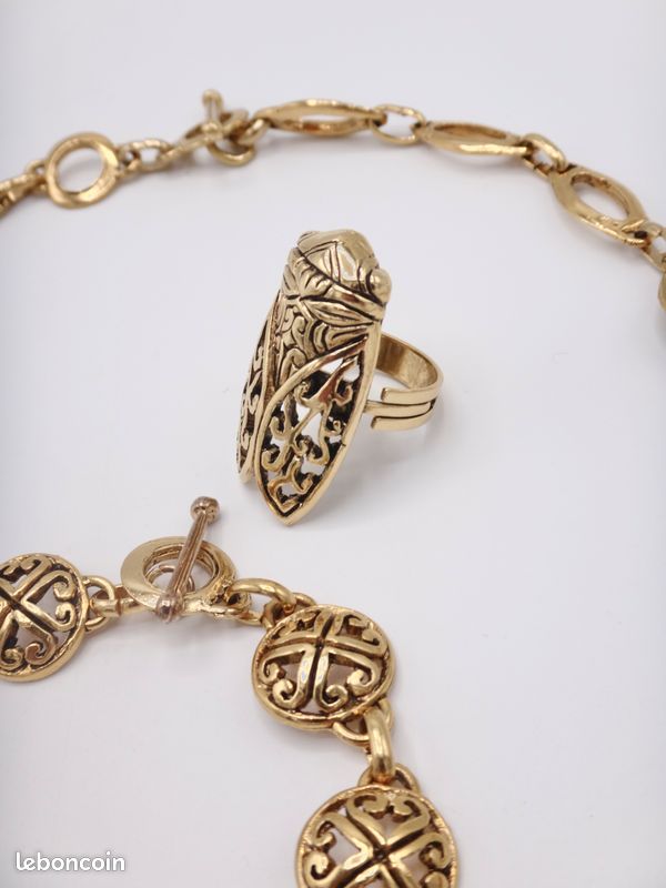 Parure De Bijoux René Gouin Style Provençal (collier, Bracelet, Bague) - Occasion En Plaqué Or