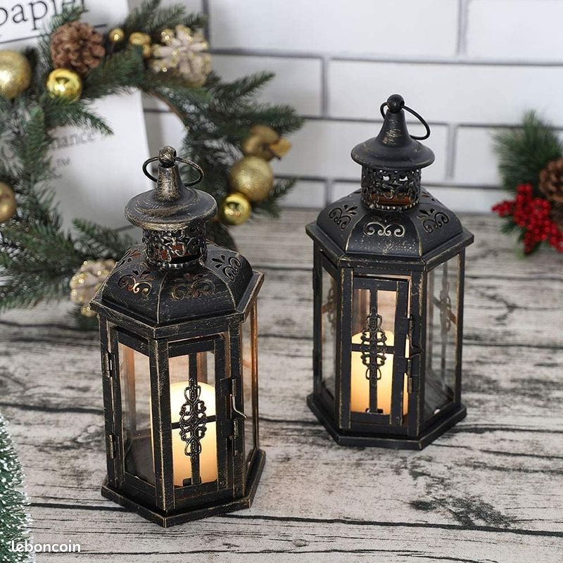 JHY DESIGN Set de 2 lanternes décoratives-25cm Haute Lanterne Suspendue de Style Vintage, bougeoir en métal pour intérieur extérieur, événements, fêtes et Mariages (Noir avec Pinceau doré) (image 5)