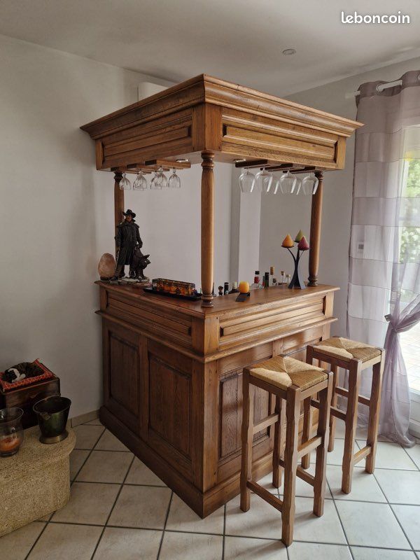 Bar En Chêne Massif Avec 3 Tabourets - Idéal Intérieur Ou Barbecue - Occasion En Bon état