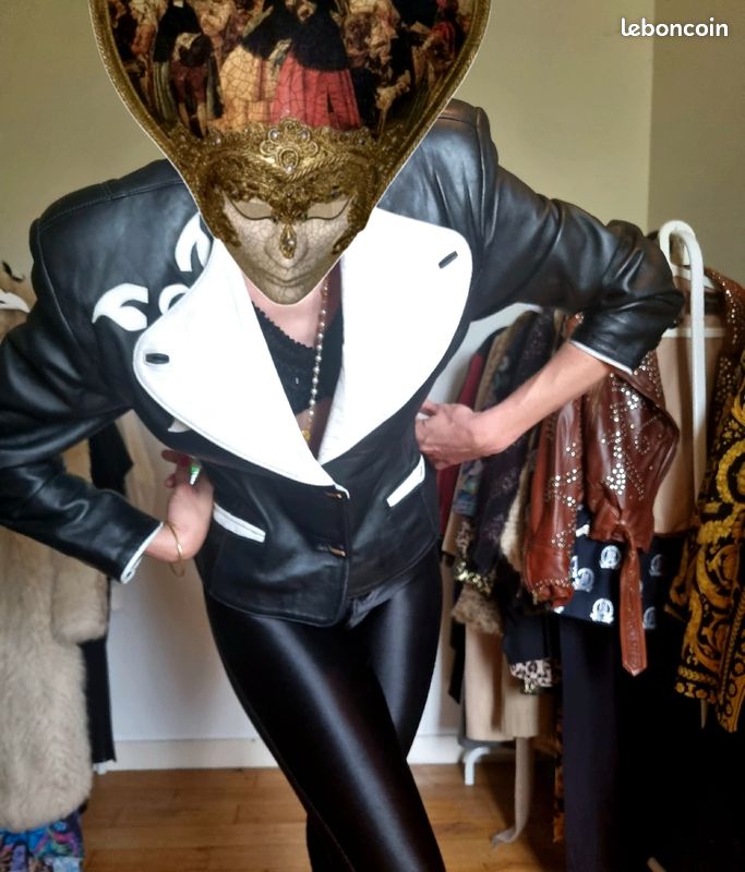 Veste en cuir vintage 80's 90's cintrée col contrastant maroquinier taille M (image 2)