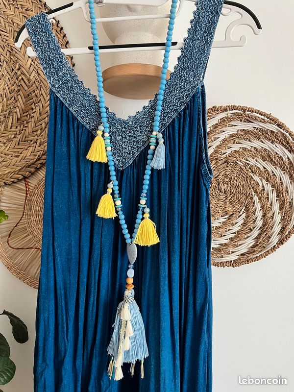 Collier Sautoir 122cm Cristal De Bohème Bleu - Perles Et Croix, Style Bohème Occasion