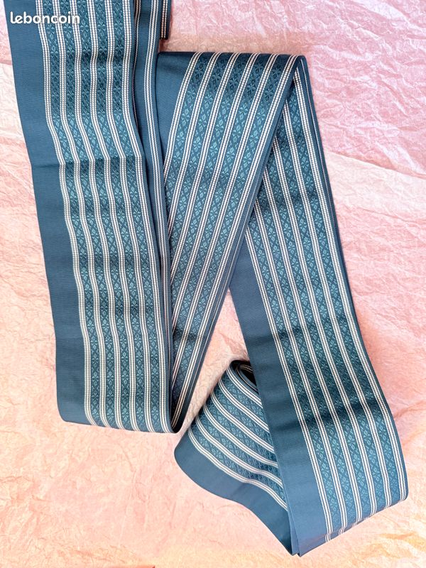 Japon authentique Kaku obi homme vintage soie marine clair rayures blanches excellent état (image 7)