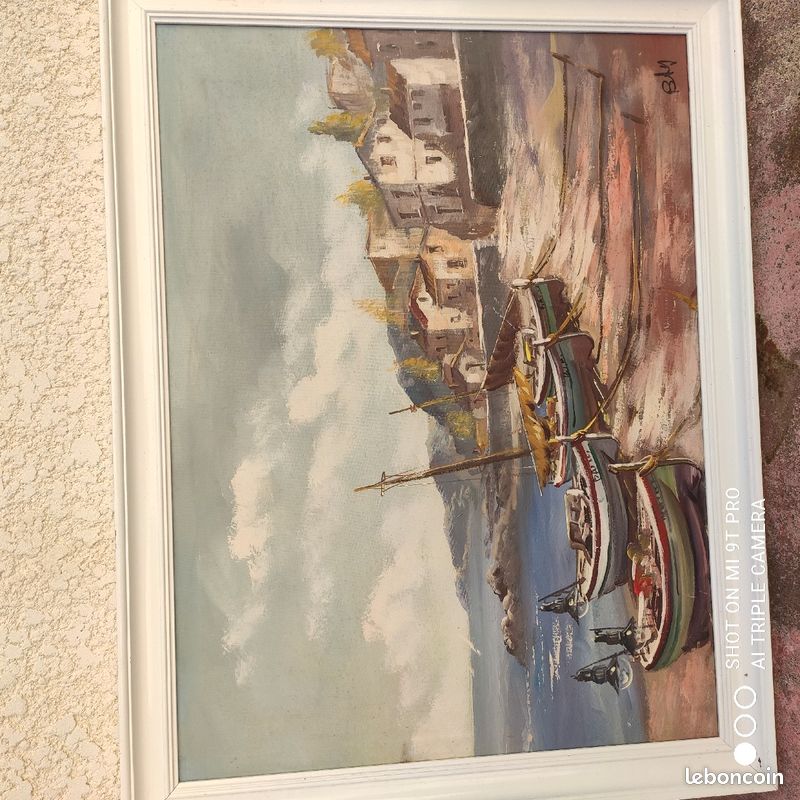Grand Tableau peinture huile sur toile signée "port de pêche" (image 1)