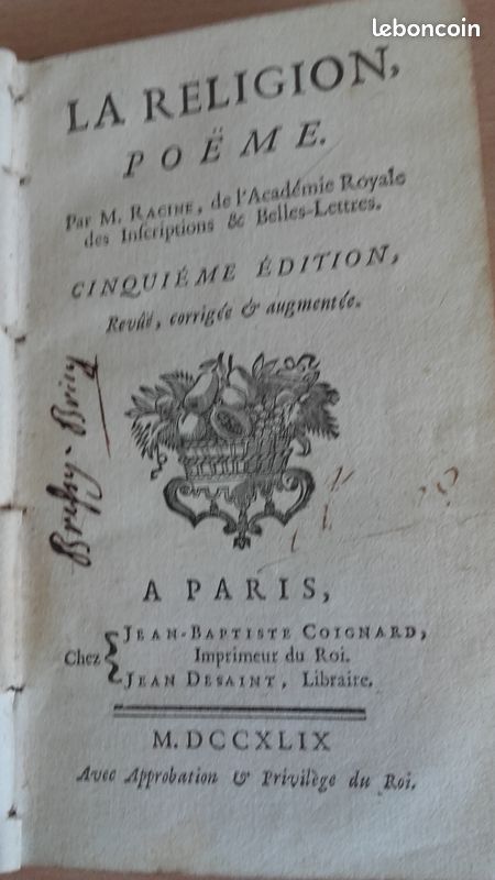 Livre ancien (1749) -La Religion, Poëme par Racine (image 2)