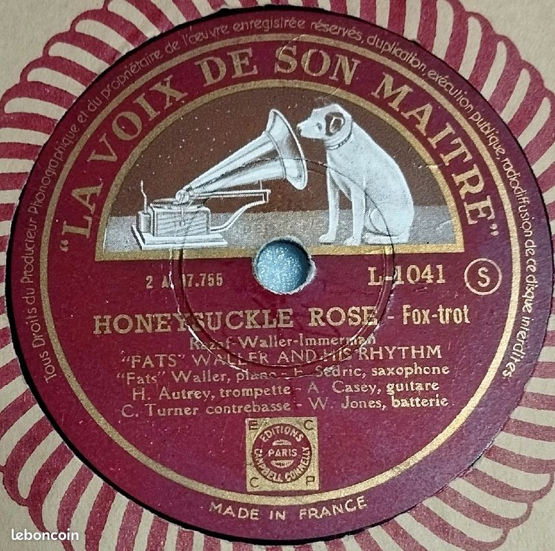 "Fats" Waller – Honeysuckle Rose / Blue Turning Grey Over You - Jazz / Swing Disque 78t 30 cm 1939 (image 1)