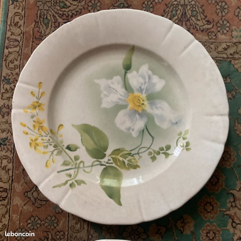 Lot grandes assiettes Luneville KG Art nouveau ancien fleur clématite jaune (image 7)
