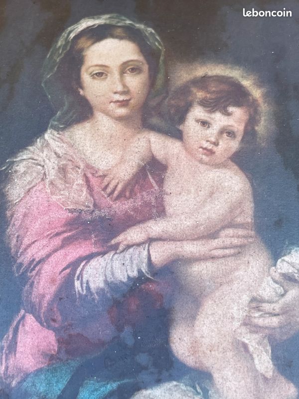 Icône Religieuse Ancienne Sur Bois – Vierge à l’Enfant – Cadre Doré à la Feuille (image 2)