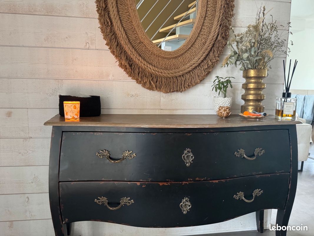 Commode Baroque Noire – Style Ancien, 3 Tiroirs, Bois Et Métal – 100% Assemblée