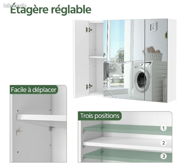 Armoire de salle de bain murale Yaheetech avec 3 portes, 3 miroirs, 2 niveaux, hauteur réglable 70,5 x 15 x 60,5 cm (image 5)