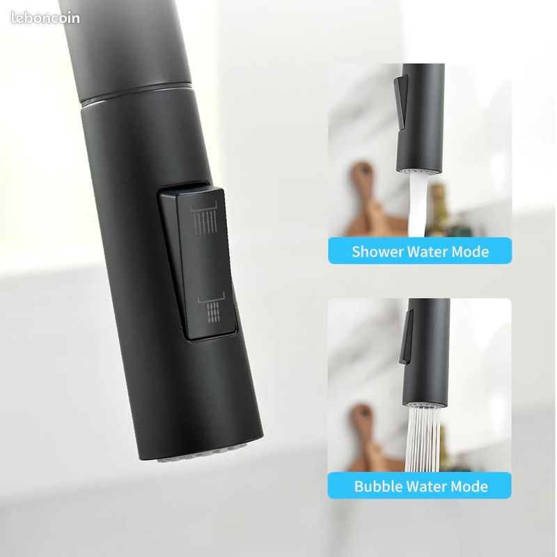 Robinet de cuisine noir mat – bec extractible, 2 jets, design moderne (image 3)