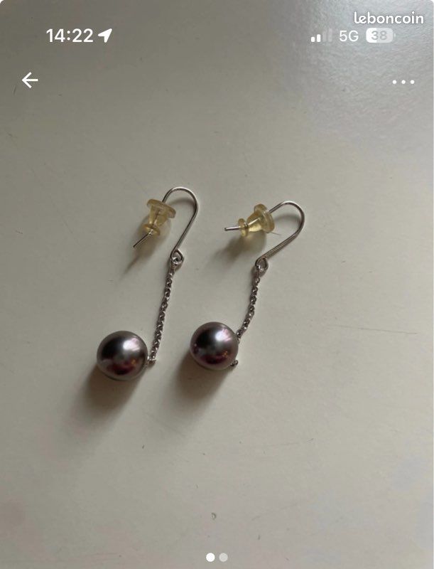 Boucles D'oreilles Anciennes Perle Tahiti Argent Massif Et Or Rose - Occasion, Perle Grise Véritable