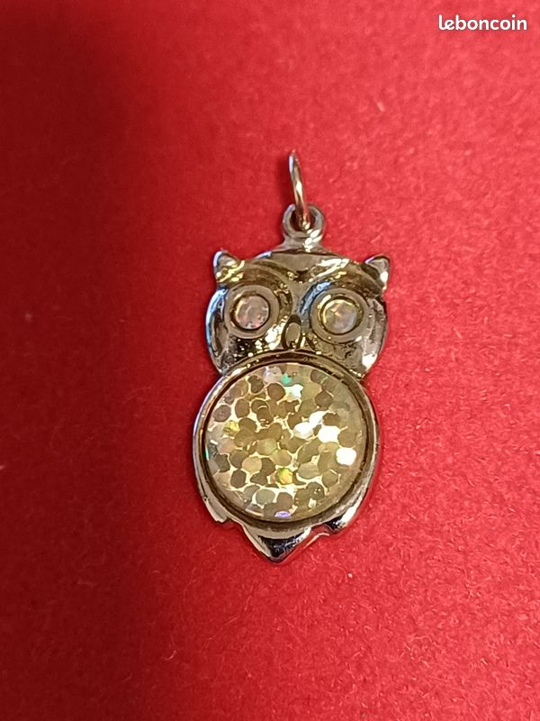 Pendentif Couple De Hiboux En Bronze Avec Strass - Chaîne Sautoir De 70 Cm, Thème Nocturne Tendre, Occasion Bon état