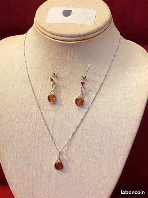 Neuf : Parure collier pendentif + boucle d'oreilles Argent 925/1000 + Ambre (PAR5) (image 1)