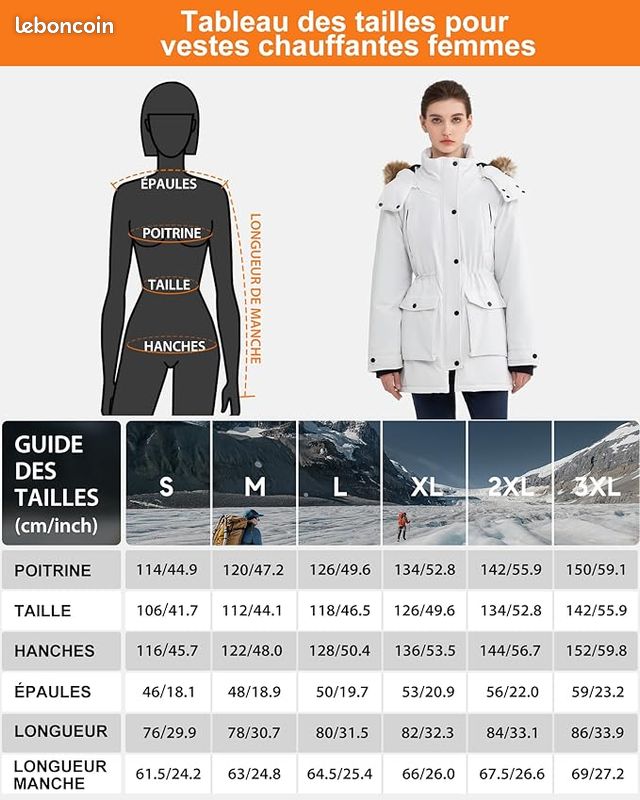 Veste Chauffante Femme 12V Avec Batterie 18400mAh - 8 Zones De Chauffe, 3 Modes - Parka Capuche Amovible - Pour Ski, Randonnée, Extérieur Hiver