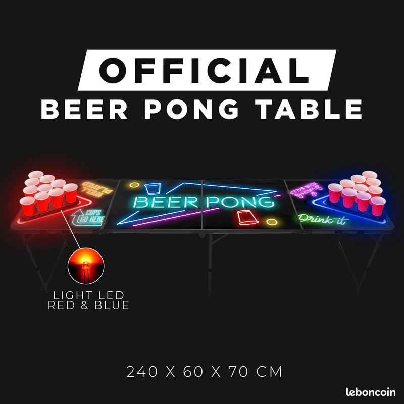 NAIZY Table Beer Pong Avec 100 Gobelets (50 Rouges/50 Bleus) Et 5 Balles – Réglable En Hauteur, Alu/MDF, Pliable – 242 X 62 Cm, Noir