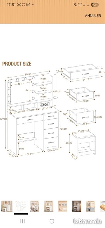 Hzuaneri Coiffeuse Avec Éclairage LED 3 Couleurs 40x90x154cm Blanc - Meuble Maquillage Avec Rangement