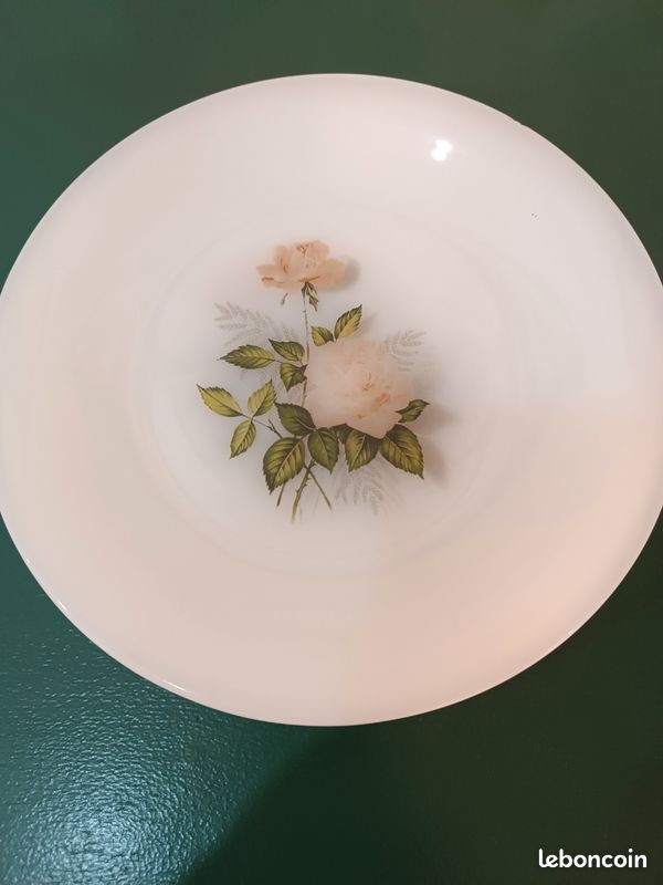 Lot De 7 Assiettes à Dessert Arcopal France – Vintage Art Déco Blanc/vert (Occasion)