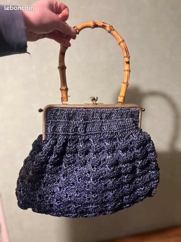 Petit Sac De Dame Vintage En Raphia Avec Anse Bambou - Style Rétro, Occasion