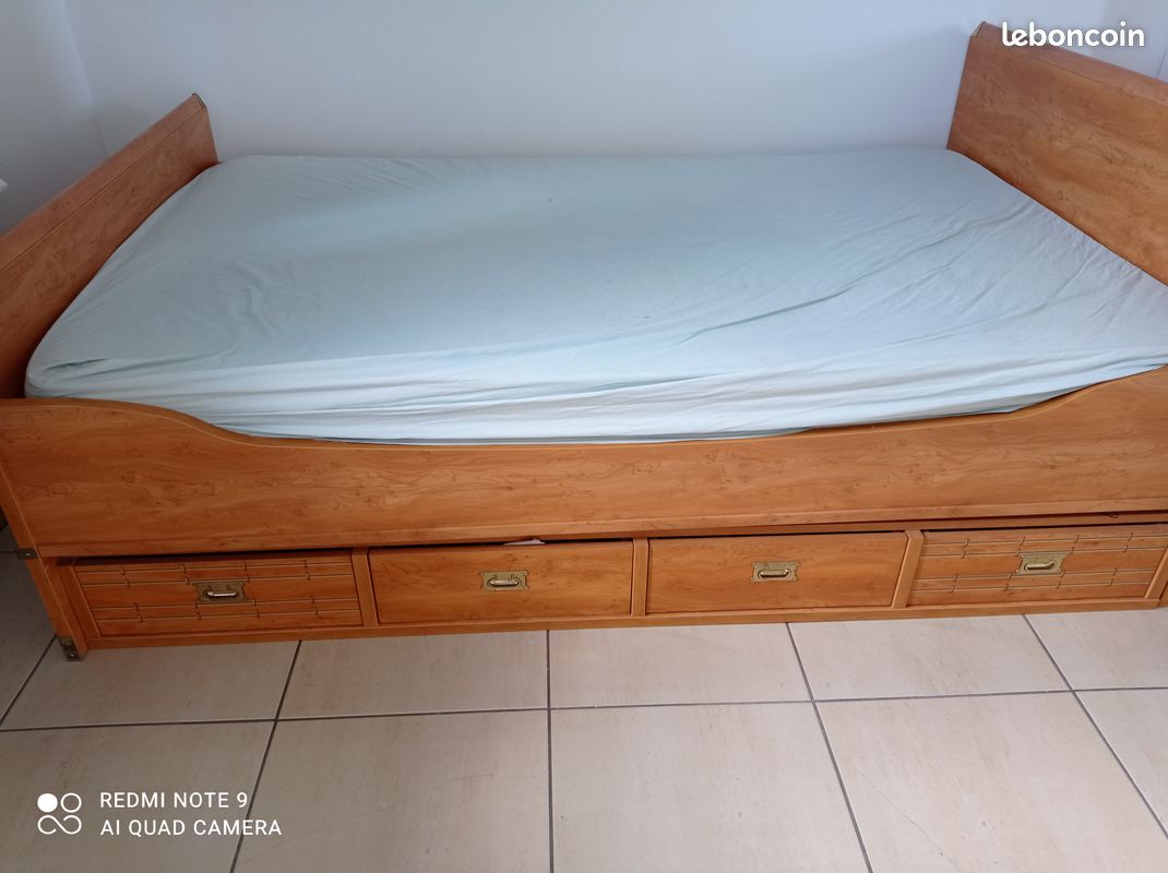 Vente lit 2 personnes à tiroirs avec sommier et matelas (image 1)