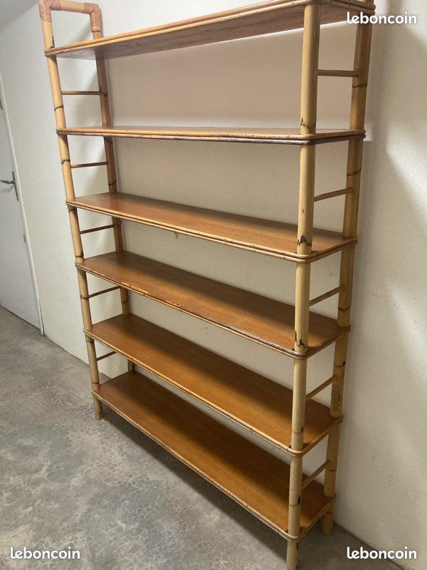 Rare Bibliothèque ancienne en bambou et rotin, 6 étagères -180x120x26 cm - Vintage Années 1960 (image 3)