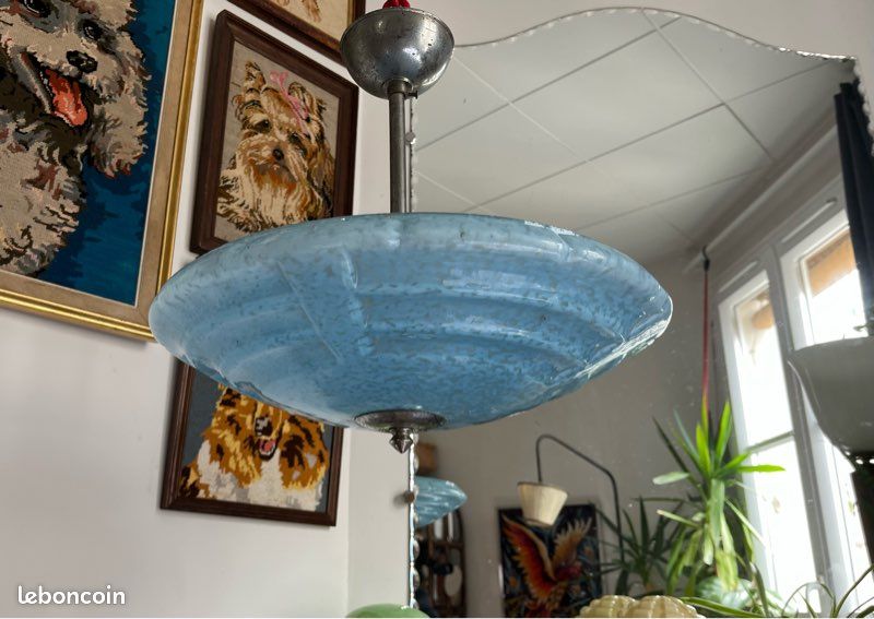 Grand plafonnier plateau Art Déco verre Clichy bleu (image 5)
