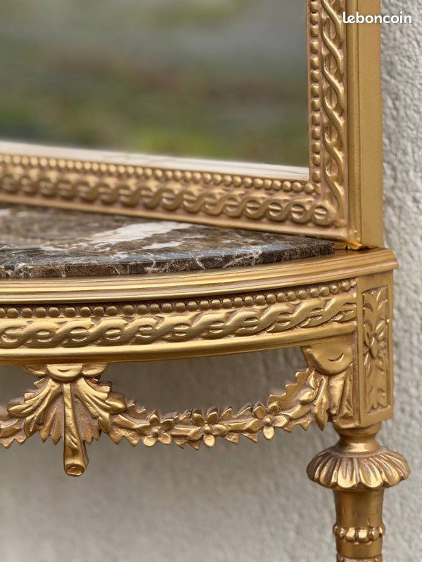 Console Baroque Italienne Avec Miroir - 1,60 M, Doré, Bois Massif, Occasion
