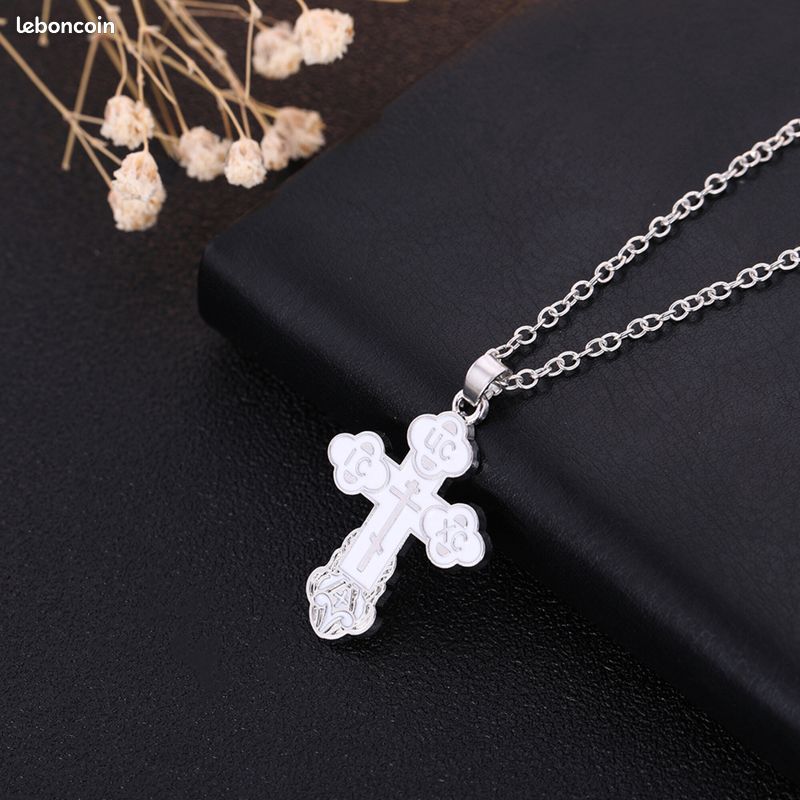 Collier avec Pendentif Croix Orthodoxe Acier Inoxydable Argent Blanc (image 2)