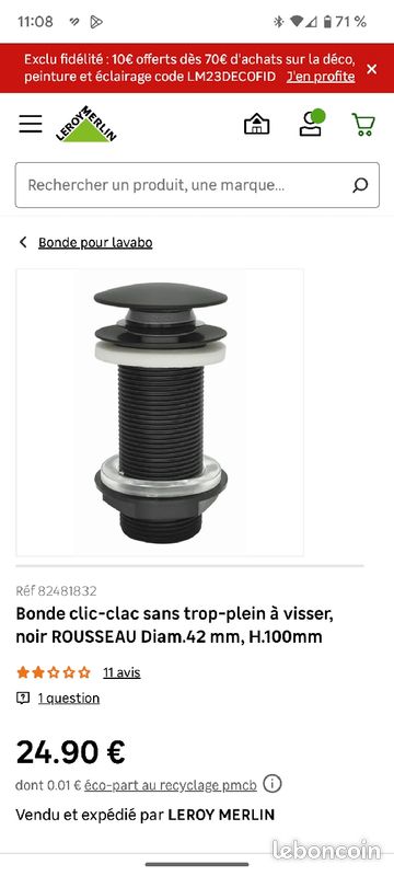 Bonde clic-clac sans trop-plein à visser, noir ROUSSEAU Diam.42 mm, H.100mm