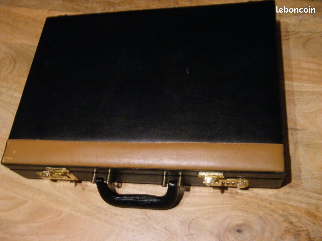 Elégant attaché case vintage noir avec une bande brun ocre (image 1)
