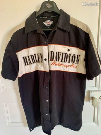 Chemise Harley-Davidson Manches Courtes En Soie 100% - Taille M, Noire, Col Boutonné, Occasion Très Bon état