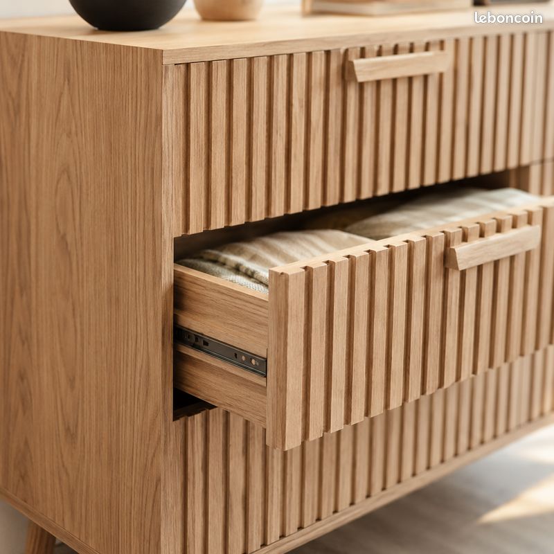 Armoire salon pièce maitresse 6 tiroirs bois rainuré meuble design (image 3)