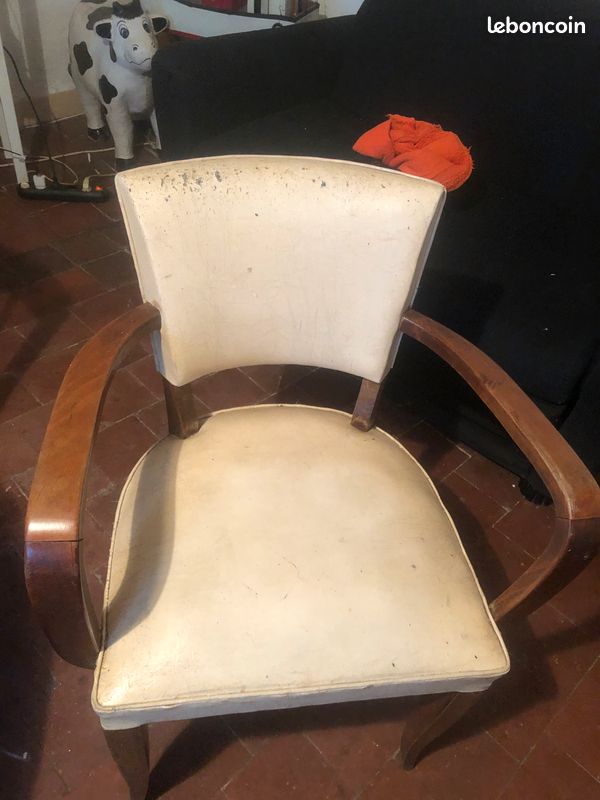 Fauteuil vintage en bois vernis / blanc (image 2)