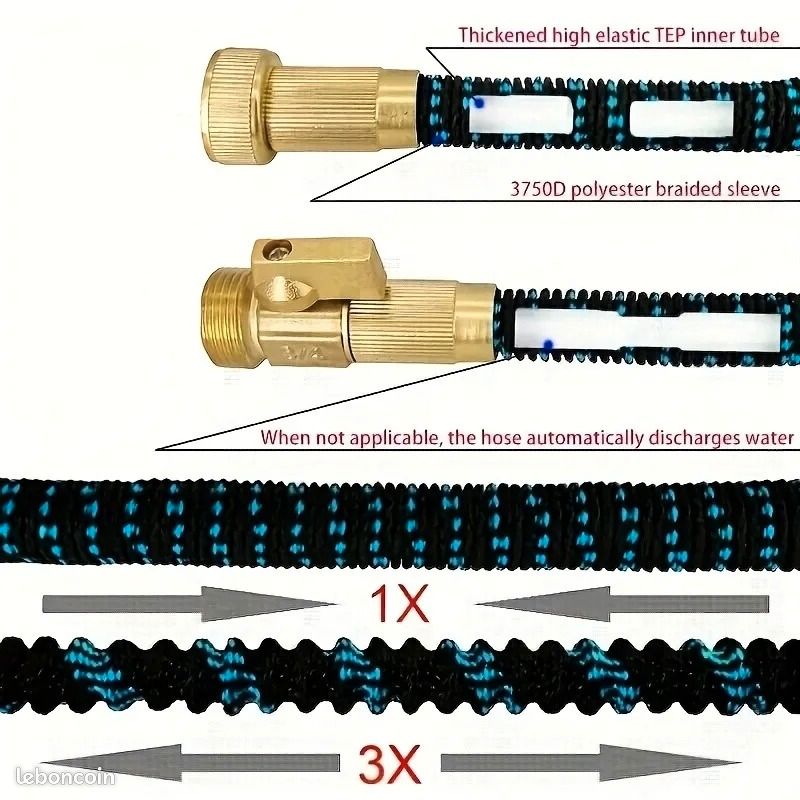 Tuyau d'arrosage extensible et flexible de haute qualité, raccords métalliques US 3/4, tuyau de lavage auto haute pression, tuyau d'arrosage extensible (image 5)