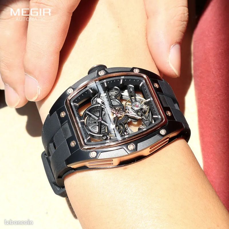 ✅ Montre MEGIR Automatique Homme – Cadran Tonneau – Sport & Élégance – Bracelet Silicone Noir (image 3)