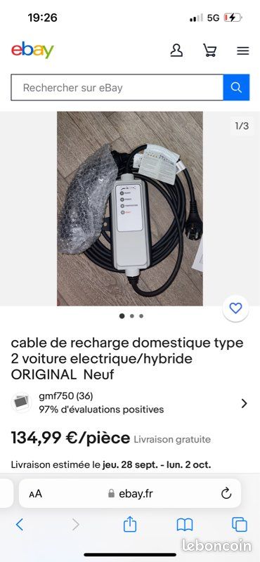 cable de recharge domestique type 2 voiture electrique/hybride ORIGINAL  Neuf