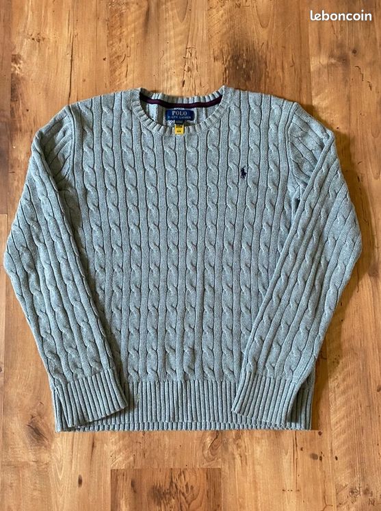 Pull torsadée gris ralph lauren col rond homme taille M (image 5)