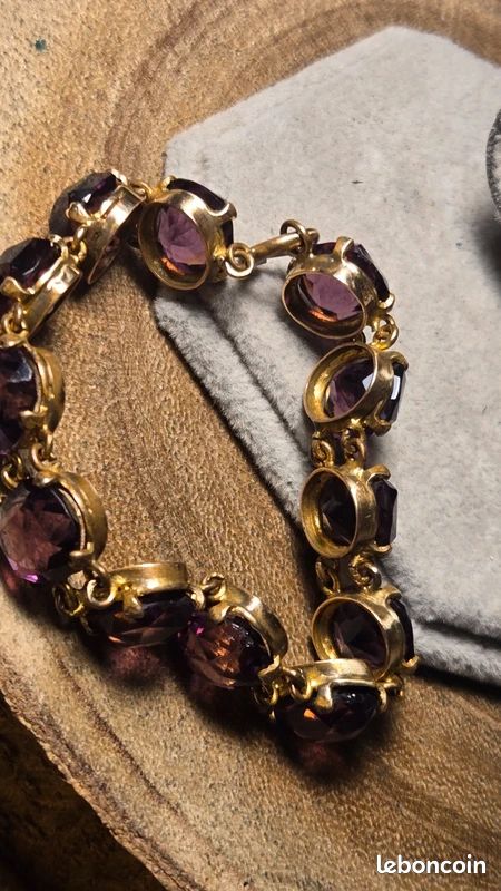Bracelet vintage doré – Grandes pierres violettes facettées – 18 cm (image 7)