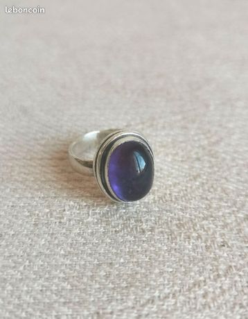 Bague Ancienne En Argent Avec Cabochon D'améthyste - Taille 51, Argent Sterling, Très Bon état
