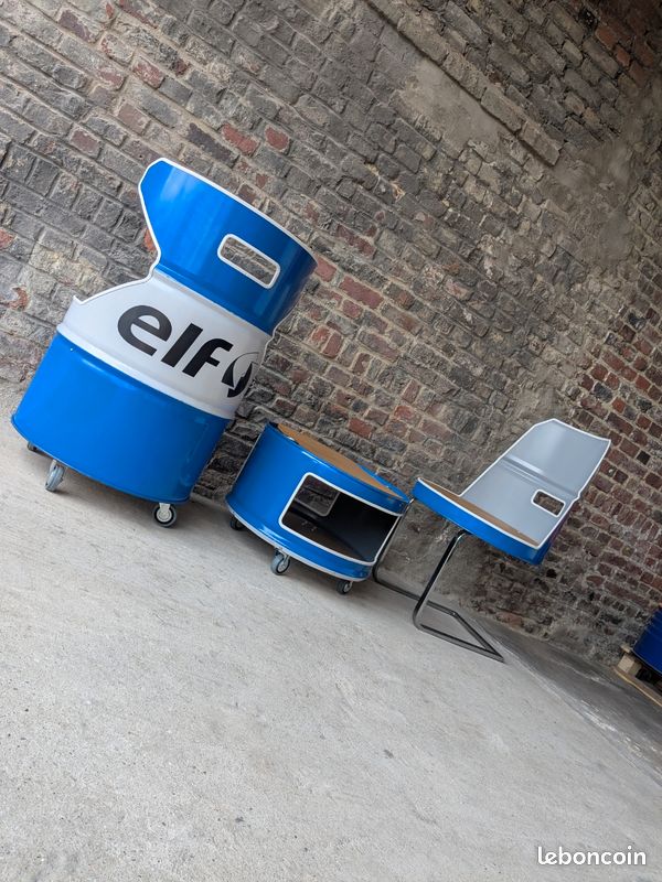 Siège / chaise fut métal elf bleu et blanc / look garage atelier / huile mécanique (image 1)