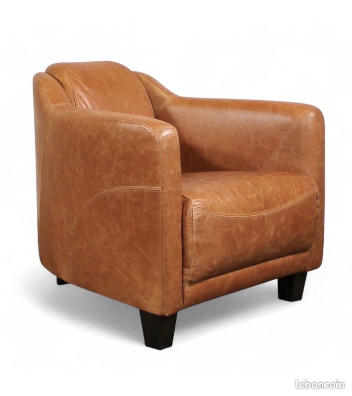 Fauteuil club cuir pleine fleur marron camel vintage – Adam (image 2)