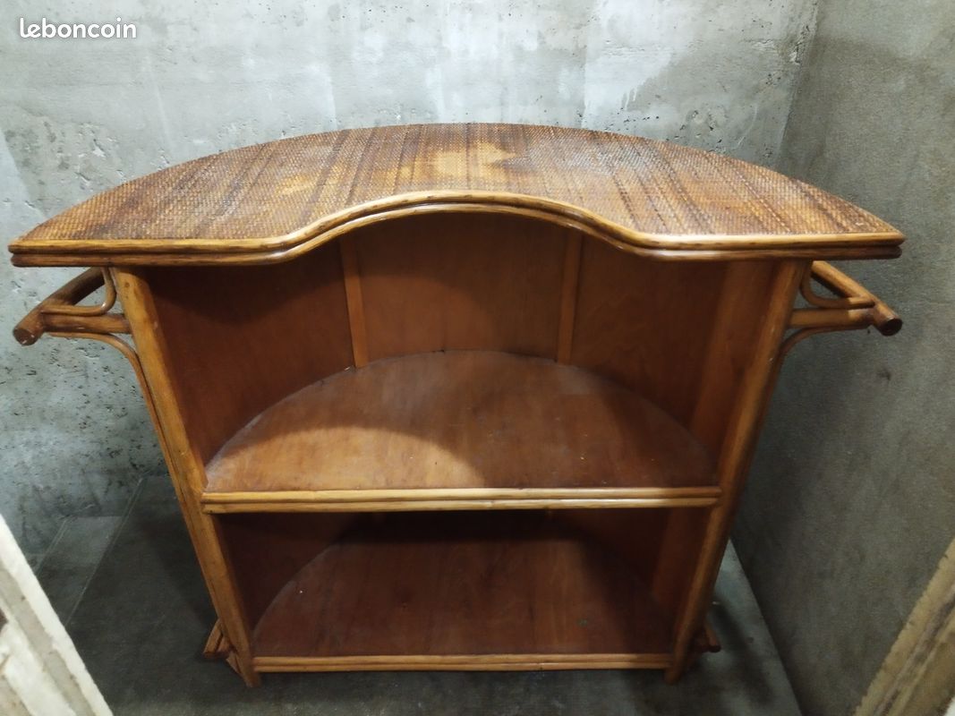 Bar Demi-lune En Bois Et Rotin Blanc Avec étagère, Parfait Pour Salon Ou Véranda