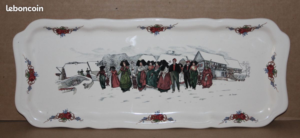 Plat en Faïence de Sarreguemines Obernai - décor Alsaciens par H LOUX (image 1)