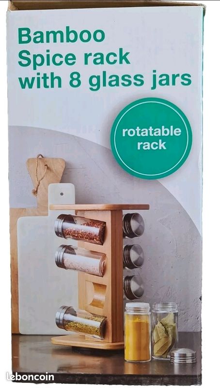 Étagère Rotative à épices bambou, 8 pots verre, Présentoir à épices, organiseur (image 1)