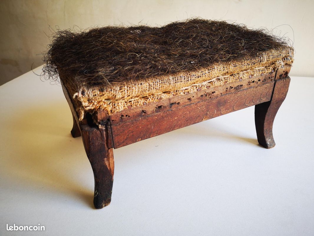 Repose-pieds Ancien Bois Et Toile Tissée, Style Campagnard Primitif - 33x25 Cm
