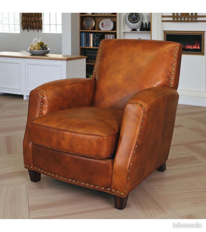 Fauteuil club cuir pleine fleur marron vieilli clouté – Henri (image 1)