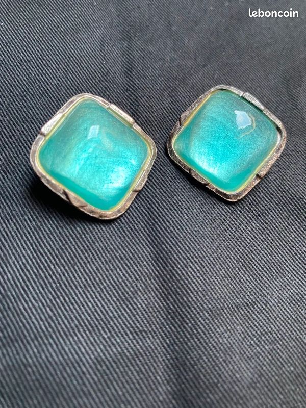 Boucles D'oreilles Clips Vintage En Turquoise - Ancien - Occasion - Bijou Rétro